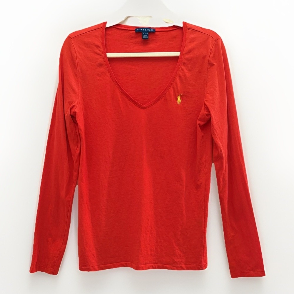 Polo Ralph‎ Lauren T Shirt Womens XL Coral V Neck L/S Lightweight Gorpcore